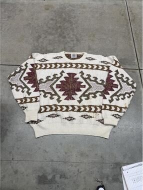 vintage cape isle knitters made in usa white tan and green knit sweater large